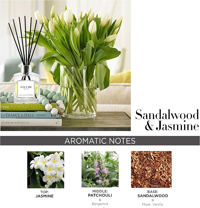 Touche Luxury Natural Reed Diffuser. Long Lasting Scented Home Fragrance. Natural Essential Oil Alcohol-Free. 4.75 OZ. Glass Bottle (Sandalwood & Jasmine - Clear Bottle)