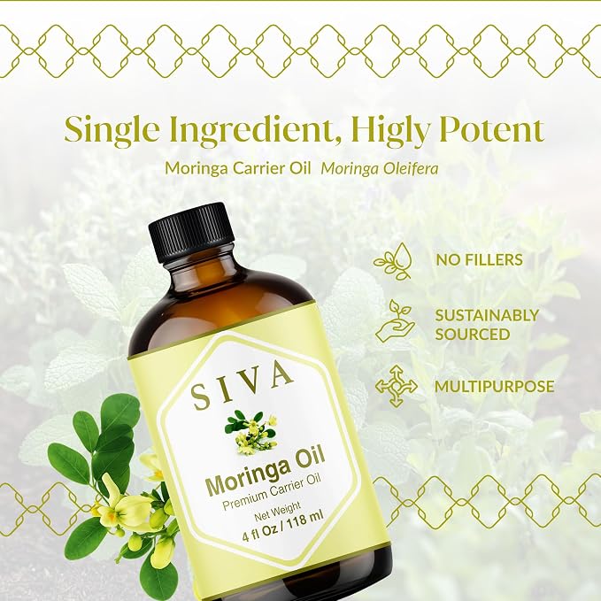 SIVA Moringa Carrier Oil 4oz (118 ml) Premium Cold-Pressed 100% Natural Carrier Oil With Dropper For Skin Care, Hair Care, Scalp Massage & Body Massage