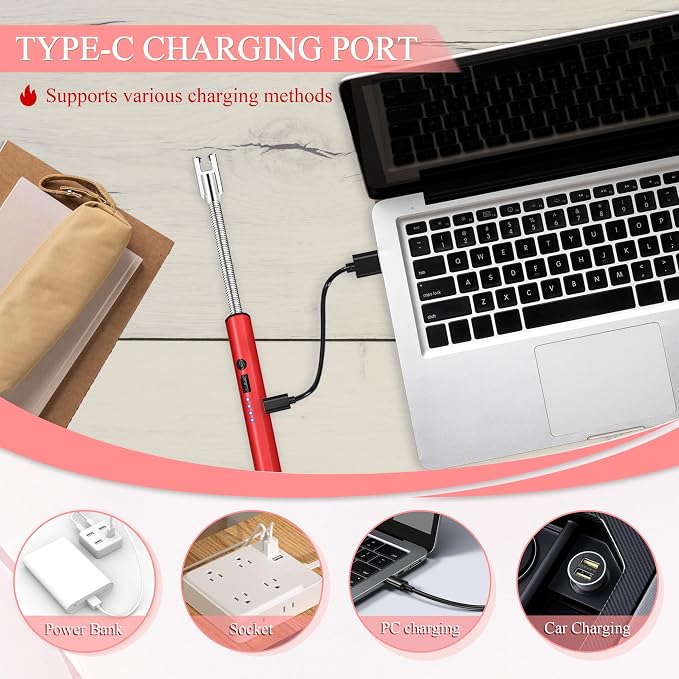 Electric Lighter, Candle Lighter Flameless Windproof with 360° Flexible Neck & LED Power Display, Type C Arc Rechargeable Lighters for BBQ, Camping, Cooking, Gift for Christmas, Thanksgiving, Birthday