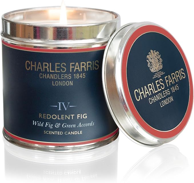 Charles Farris Luxury Scented Candle – Tin, Hand-Poured, Long Lasting, Clean Burning, 300g / 10.5oz, Burns for up to 40 Hours, Made in England – Wild Fig & Green Accords – Redolent Fig