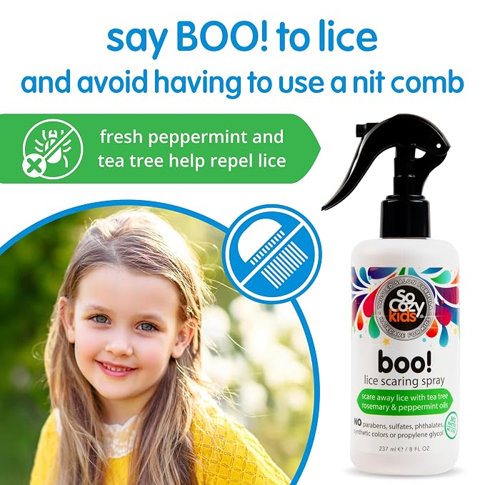 SoCozy Boo Lice Scaring Spray For Kids Hair, Effective Lice Treatment (8 Fl Oz) Clinically Proven to Repel Lice, Conditioning Spray with Tea Tree Oil, Rosemary Oil & Keratin, Paraben & Sulfate Free