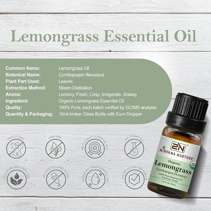 Lemongrass Essential Oil, USDA Certified Organic, 100% Pure Undiluted, Aromatherapy Oil for Diffuser, Hair & Skin Care