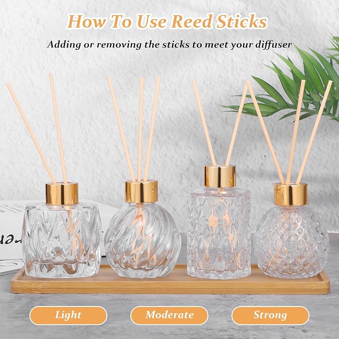 4 Piece Reed Diffuser Set, 3.5-4.2oz Empty Bottles and 20 Reed Sticks, Unique Design for Home and Office