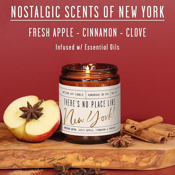 New York Gifts, New York Decor for Home - 'There's No Place Like New York Candle, w/Juicy Apple, Cinnamon & Pumkin I New York Souvenirs I New York State Gifts I 9oz Jar, 50Hr Burn, USA Made