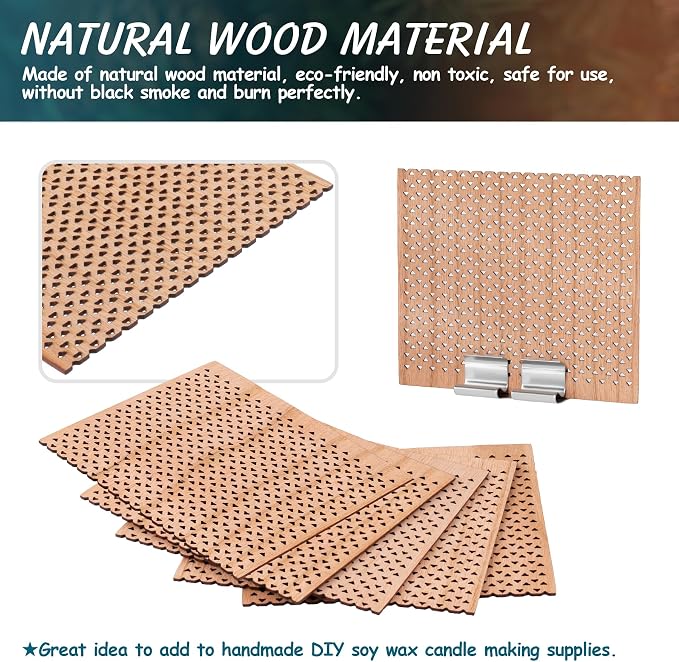 6 Set Large Wood Candle Wick Grid Design Large Wooden Wick 2.7x2.4inch / 70x60mm (Width*Height), Natural Crackling Wood Wick Core with Iron Stands for Soy Candle Making Candles Supplies