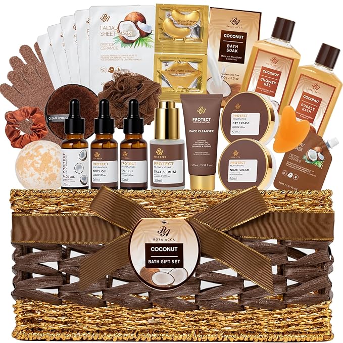 Gifts for Women & Men, 32 Pcs Coconut Vanilla Spa Gift Basket Set for Women & Men, Hydrating Face Skin Care Gift Kit, Bath & Body Gift Set, Self Care Pamper Basket, Birthday, Christmas, Anniversary