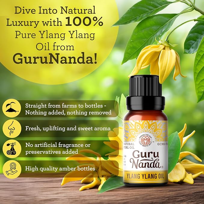 GuruNanda Ylang Ylang Essential Oil (10ml Each) - 100% Pure, Natural and Undiluted Diffuser Oil for Aromatherapy, Massages & DIY Recipes - 2 Pack