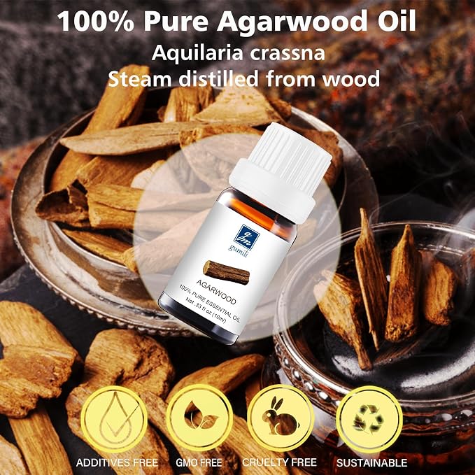 GM Gumili Agarwood Essential Oil - Pure Organic Oud Oil for Aromatherapy, Diffusers, Spray, Skin & Hair Care, Massage, DIY Candles & Soap, Perfume - 10mL