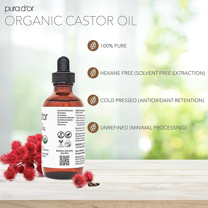 PURA D'OR 4 Oz Organic Castor Oil – Pure Cold-Pressed, Hexane-Free, USDA Certified – Lashes, Brows, Hair, Scalp, Skin-Moisturizer Supporting Softness, Strength, Hydration, Shine & Radiance,(Pack of 2)