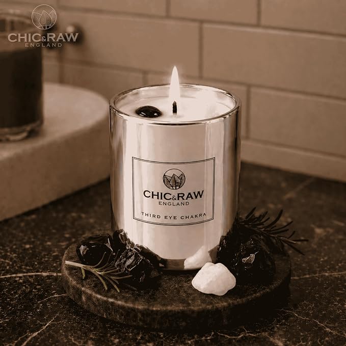 Aromatherapy Candle Third Eye Chakra Crystal Candle with Clear Quartz and Black Obsidian - Luxury Long-Lasting Burn Soy Wax, Infused Elderflower & Grapefruit, Clarity & Protector, 7.05oz