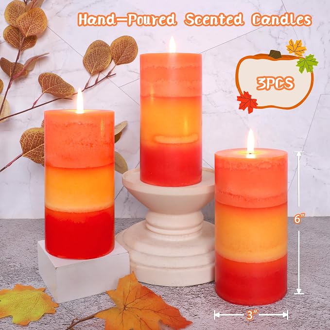 Tall 3x6 Inch Orange Pillar Candles 3 Pack Hand-Crafted Spiced Pumpkin Scented Candles Long Burn Time Dinner for Home Scented Housewarming Thanksgiving Gifts Fall Autumn