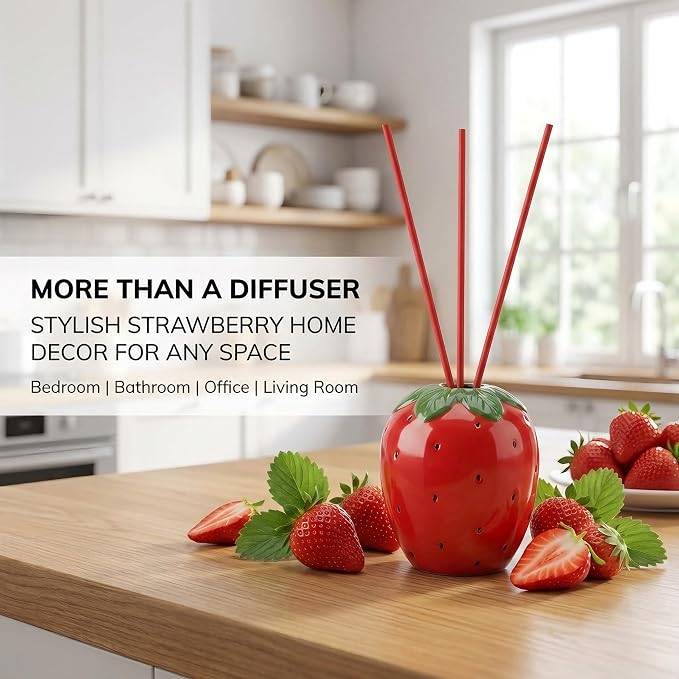Strawberry Scented Reed Diffuser Set – 6.76 fl oz (200ml) with Sticks, Creative Strawberry-Shaped Ceramic Design for Home, Bedroom & Bathroom Decor, Long Lasting Aromatherapy Gift