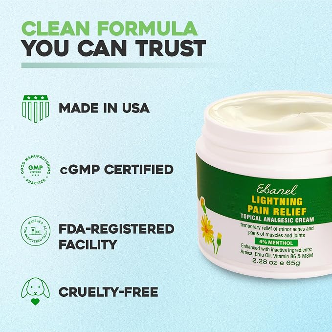 Ebanel Pain Relief Cream for Arthritis, Back, Joint, Foot, Neck, Strains & Sprains with Menthol, Camphor, Arnica, Emu Oil, MSM, Boswellia, Soothing Muscle Pain Relief Cream