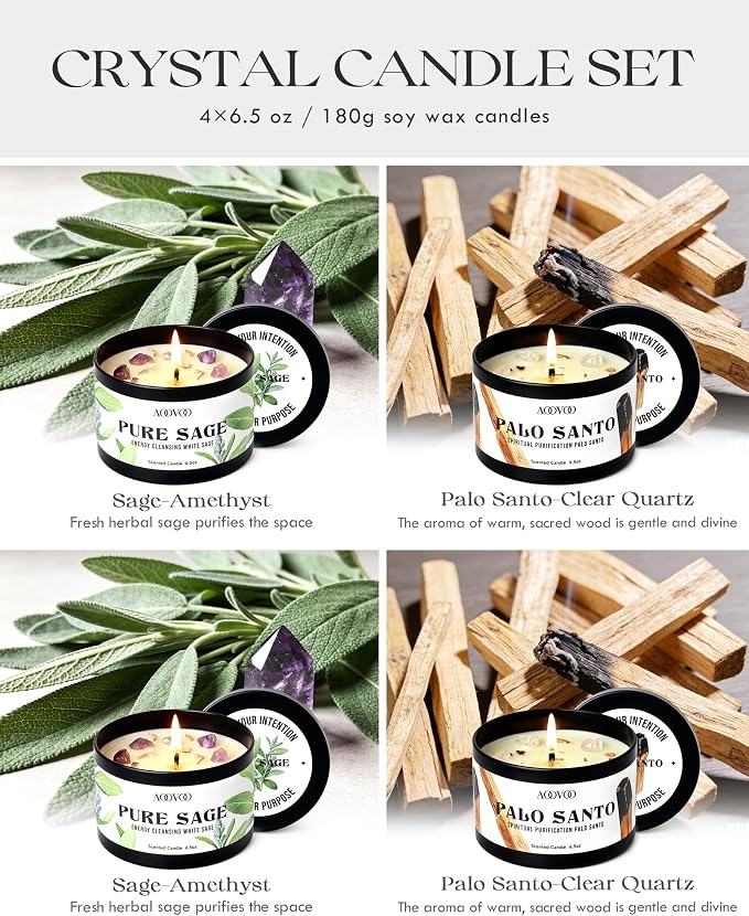 AOOVOO 4 Pack Sage Candles - 2 Sage & 2 Palo Santo Candle Set with Crystals & Decor, 26oz 200 Hours Long Lasting, Non Toxic Candles for Spiritual House Energy Cleansing