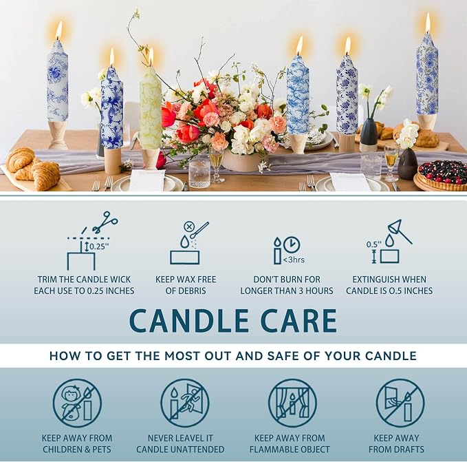 5 inch Short Candle Blue Floral Candle Sticks Printed Candlestick Handmade Unscented Taper Candle 4 Pack Blue Flower Tapered Candles for Home Dinner Wedding Holiday