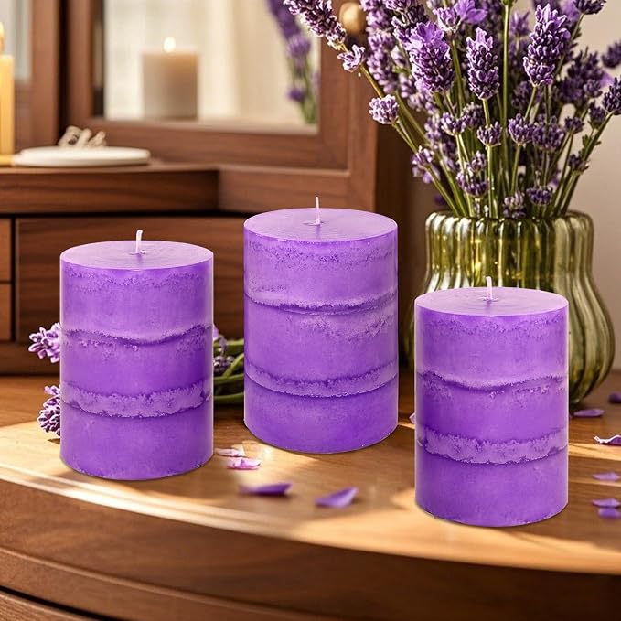 Dark Purple Pillar Candles Lavender Scented Decorative Aesthetic Long Clean Burning Fragrance Candle for Wedding Meditations Modern Home Decor Set of 3