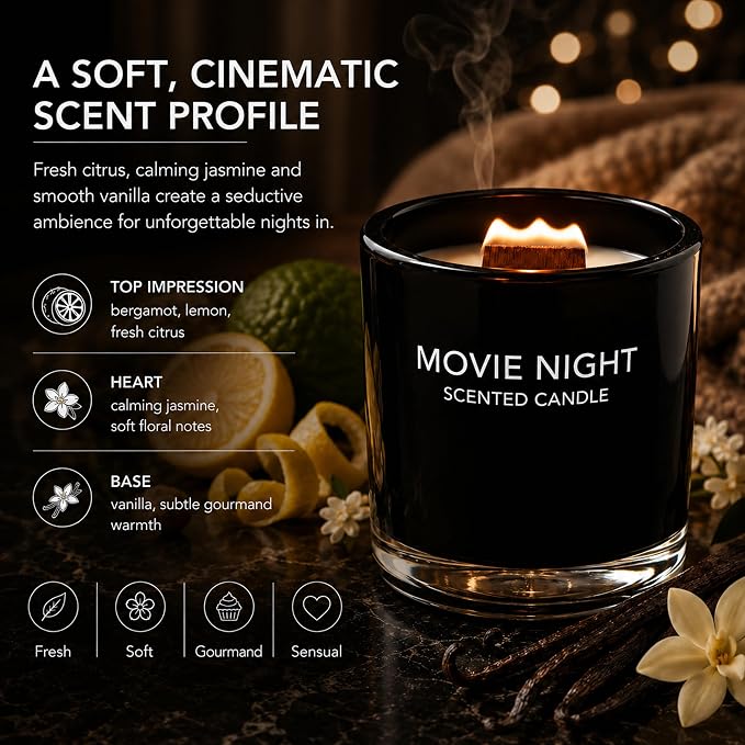 FRAGRANCE ONE Movie Night Candle I Fragrance One Movie Night Scented Candle I Luxury Fresh Citrus & Calming Jasmine Fragrance I Premium Long-Lasting Aromatherapy Soy Wax Candle I 10.58 Ounce