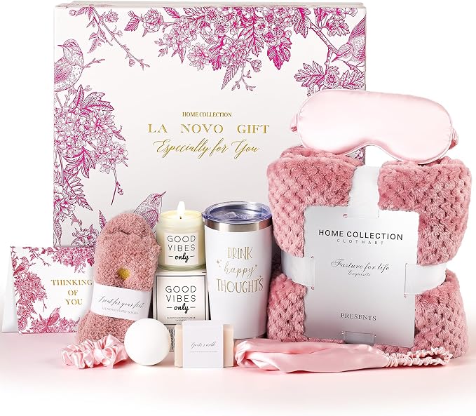 Birthday Gift Basket for Women, With Blanket | Pink Floral Themed, Get Well Soon Gifts, Thinking of You, Relaxing Spa Self Care Package