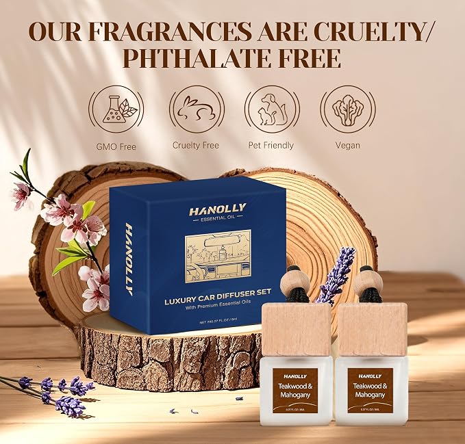 Hanolly Car Air Freshener Hanging 2 Pack, Teakwood & Mahogany Essential Oil Diffuser for Car, Cute Air Fresheners, Long-Lasting Fragrance, Car Air Fresheners for Women & Men Gift,