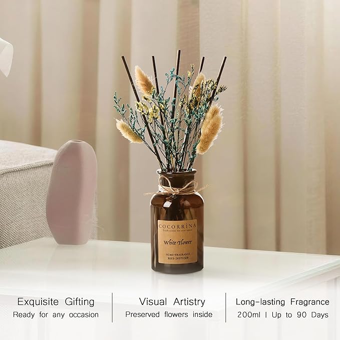 Cocorrína Reed Diffuser Set, 6.7oz Flower Reed Diffuser with Real Preserved Flowers - White Flower Scented Oil & Sticks - Long Lasting Home Fragrance for Bedroom Bathroom Shelf Decor