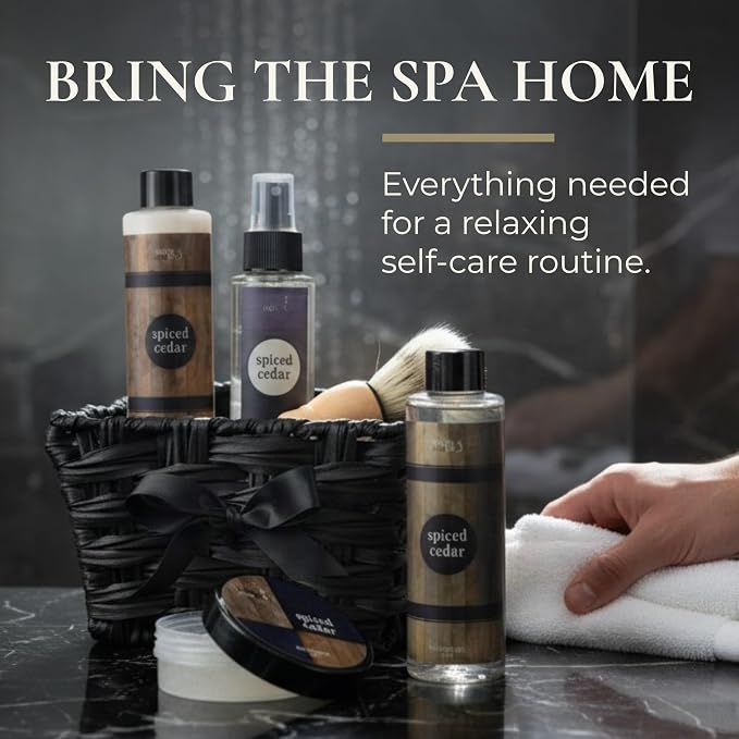 Freida & Joe Spiced Cedar Men's Spa Gift Basket- Self Care Gifts for Him | Shower Gel, Body Lotion, Body Mist, Body Scrub, Beard Brush & Towel