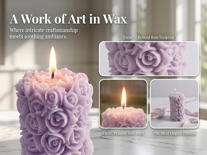 Rose Flower Engraved Scented Candle,Purple Rose Cluster Design,Floral Soy Wax Aroma Decorative Pillar Candle for Valentine's Day,Birthdays & Aesthetic Spaces