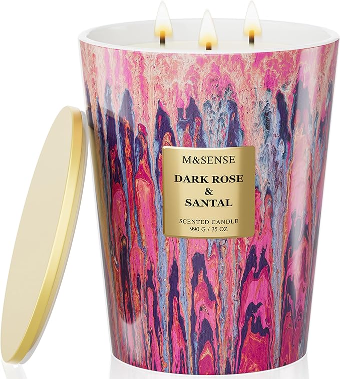 M&SENSE 3-Wick Dark Rose Large Soy Scented Candle, 35oz | 150H Burn Time, Non-Toxic, Luxury Summer Floral Aroma, Romantic Present for Women