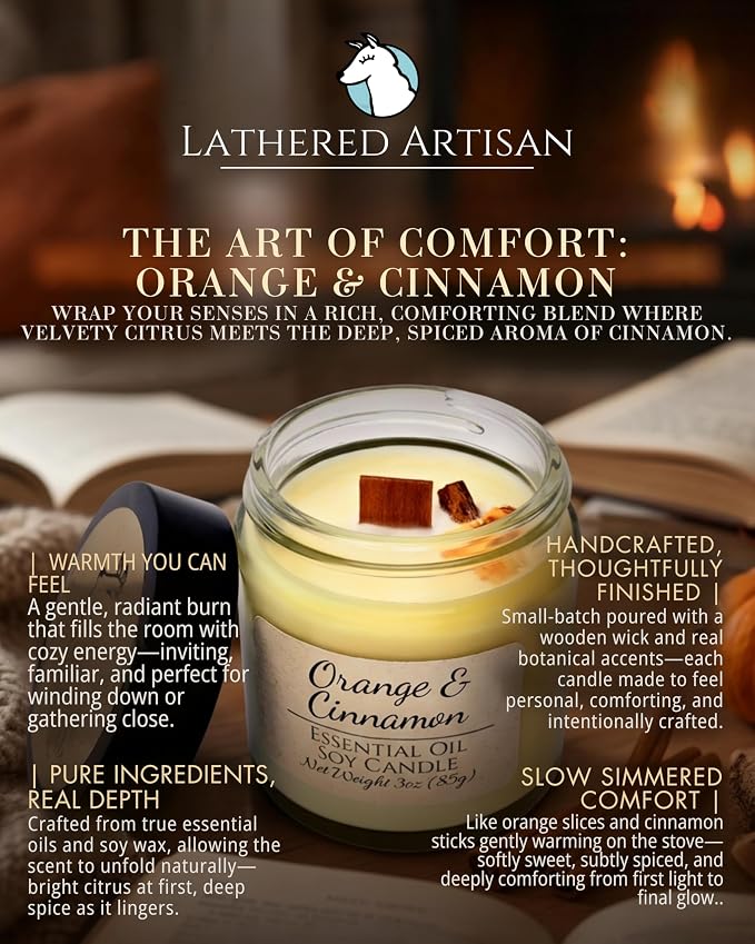Orange & Cinnamon Essential Oil Candle 3 oz, Hand Crafted Pure Soy Wax Candle with Wooden Wick, Dried Flowers, 23 Hour Burn Time, Natural Aromatherapy Glass Jar Candle with Lid by Lathered Artisan