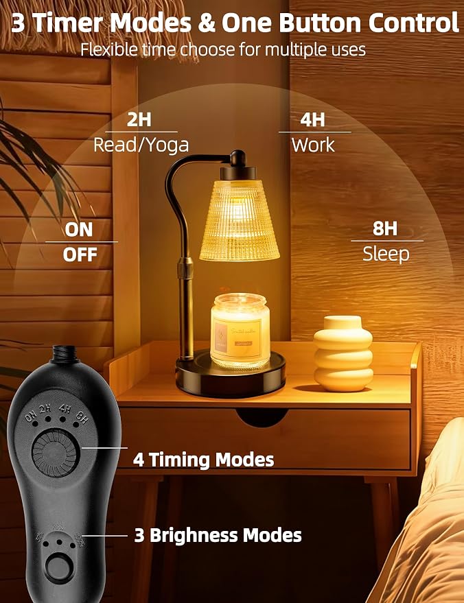 Candle Warmer Lamp for Jar Candles, Height Adjustable & Dimmable with 2/4/8H Timer, 2*50W Halogen Wax Melter Warmer for Home Office Décor, Flameless & Smokeless, Gift for Women Mom, Black-Amber/1 Pack