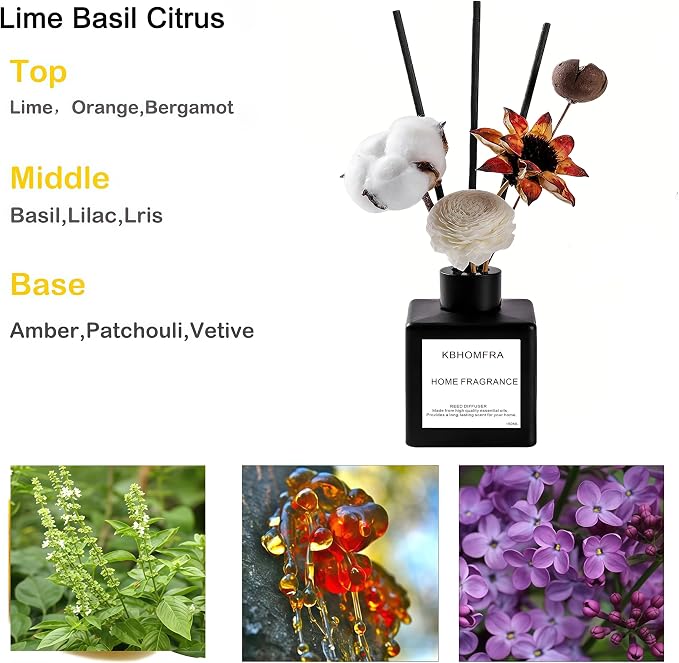 Reed Diffuser Set with Dried Flowers, Jasmine Gardenia Sandalwood Scent, Black Glass Bottle, 5.07fl oz, Aromatherapy Home Fragrance for Bedroom Bathroom (Lime Basil Citrus)