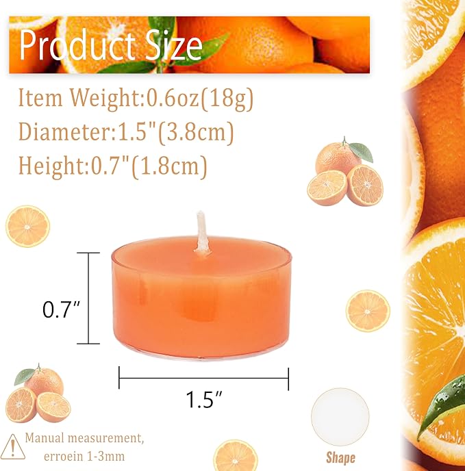 Orange Tea Lights Candle Set of 24, Citrus Scented Tealight Candles, Handmade Tea Candles, Long Burning Tealights for Romantic Wedding Home Decor Gift