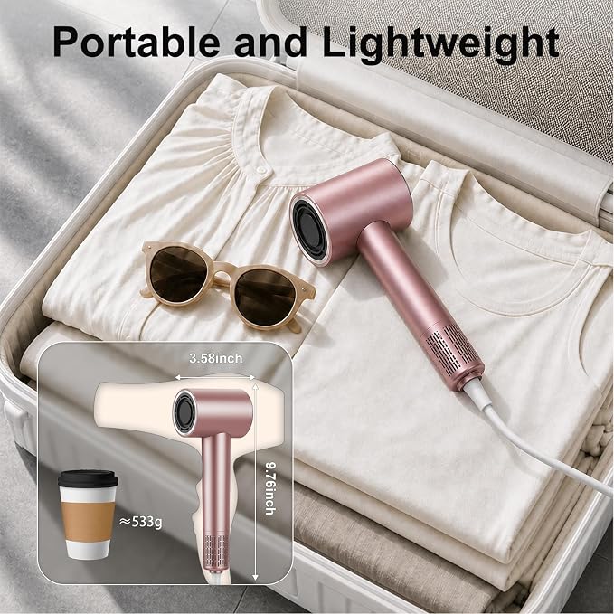 FAMOO Hair Dryer, 160,000 RPM High-Speed Ionic Blow Dryer with Diffuser and Concentrator Nozzle, 500 Million Negative Ions,Fast Drying, LED Display,Light and Quiet,For All Hair Types,For Home & Travel