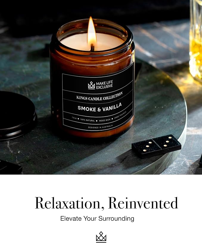 Scented Candles for Men | Smoke and Vanilla, Tobacco and Vanilla |Wooden Wick, Long Lasting, Masculine Scents | Natural Soy Jar Candle for Home, Bachelor Pad Decor | The Perfect Mens Gift