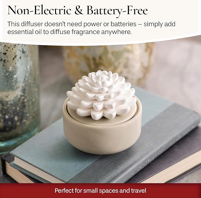 Airomé White Succulent, Porcelain Passive Essential Oil Diffuser (with 15ml Peppermint Essential Oil) – Non-Electric, Battery-Free, Improves Sleep, and Relieves Stress