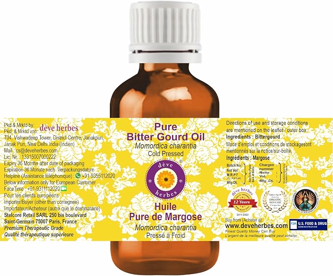 Deve Herbes Bitter Gourd Oil (Momordica charantia) | Cold Pressed | Pure | Natural | Undiluted | For Diluting Essential oils | For Skin & Massage | Non-Sticky | Lightweight | Unisex | 15ml (0.50 oz)