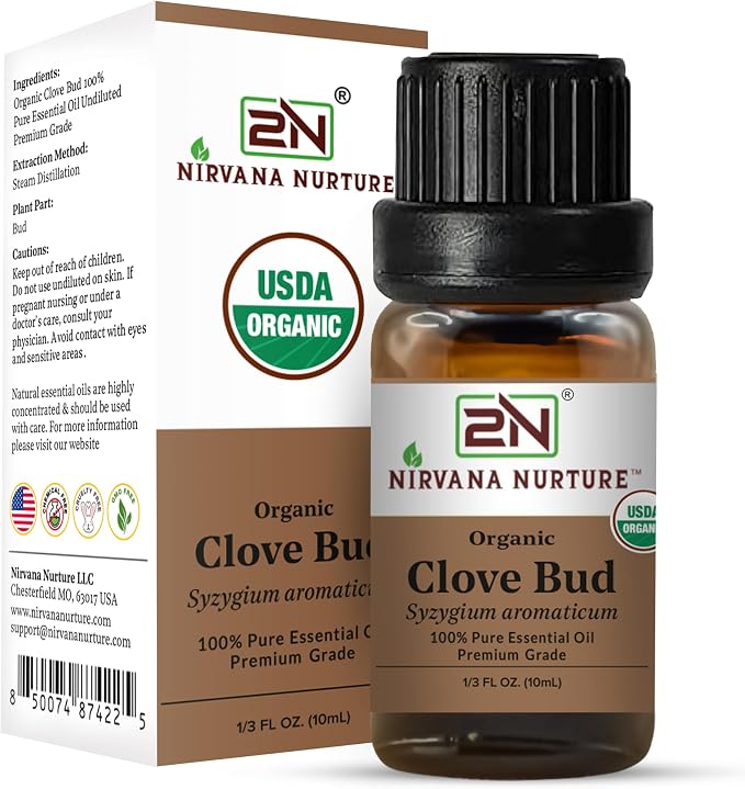 Clove Bud Essential Oil, USDA Certified Organic, 100% Pure Undiluted, Aromatherapy Oil for Diffuser, Hair & Skin Care
