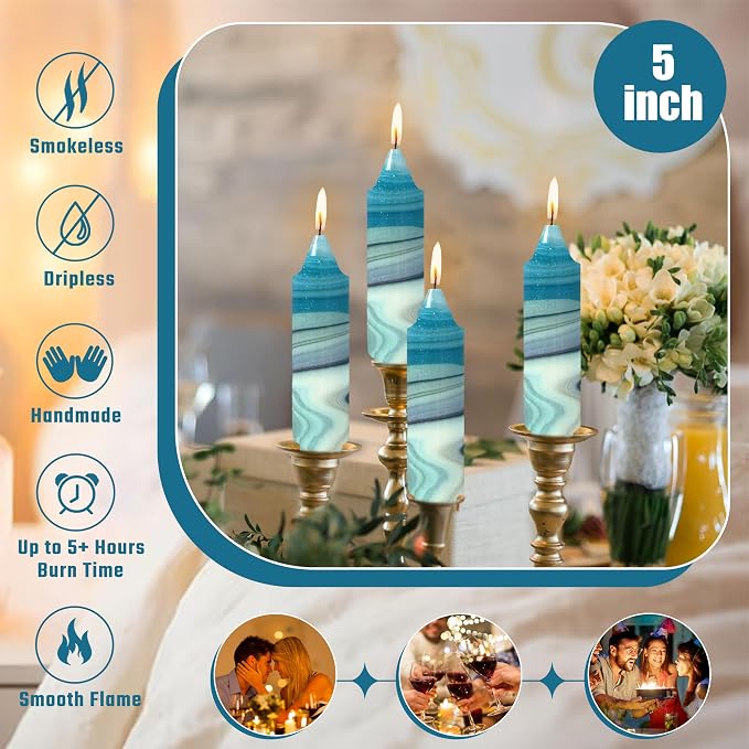 5 inch Short Candle Blue Quicksand Print Candle 4 Pack Handmade Unscented Taper Candles Printed Candlestick Smokeless Tapered Candles for Home Dinner Wedding Holiday