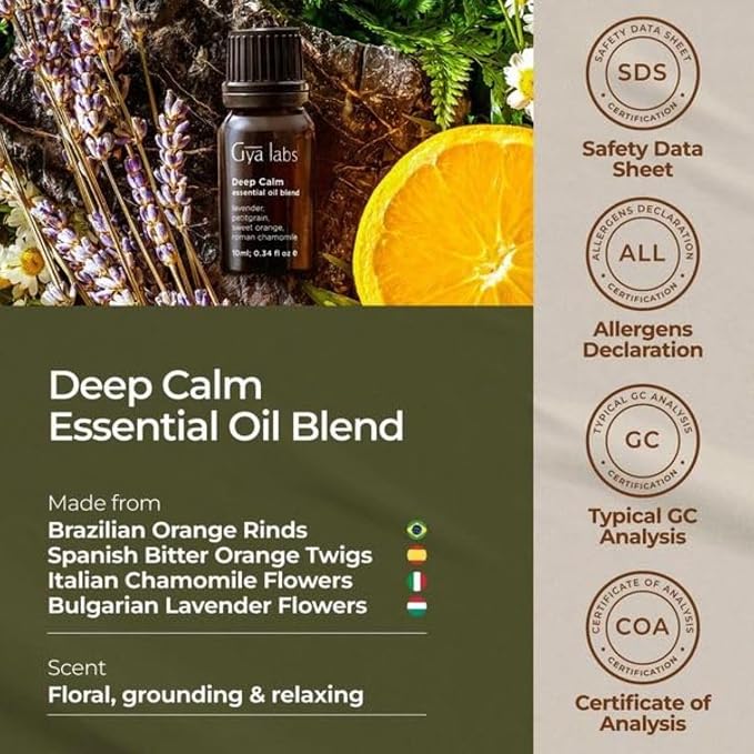 Calming Essential Oils for Diffuser & Deep Calm Essential Oil Roll On Set - Aromatherapy Grade Essential Oils Set - 2x0.34 fl oz - Gya Labs
