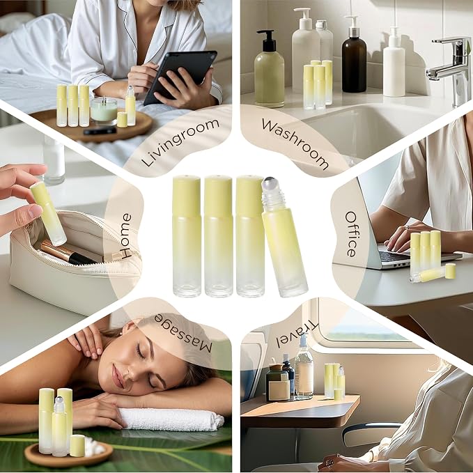 SESENSE Essential Oil Roller Bottles, 10ml Thick Glass Perfume Roller Bottles with Funnel Opener and Dropper Colored Glass Empty Bottles with Stainless Steel Roller Balls (Yellow, 4 Pack)