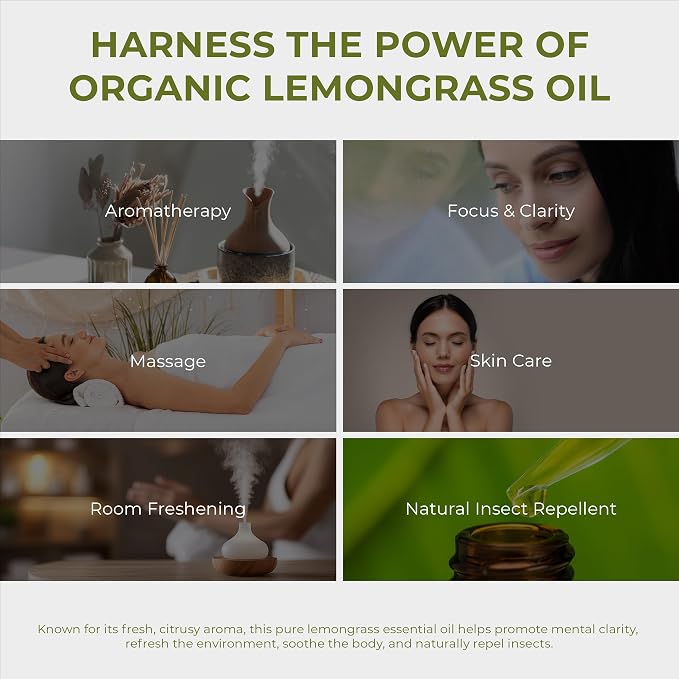 Viva Doria Lemongrass Essential Oil, USDA Certified, Organic Lemongrass Oil, 100% Pure, Natural Essential Oil, Undiluted, for Aromatherapy | Food Grade, 30 mL (1 Fluid Ounce)