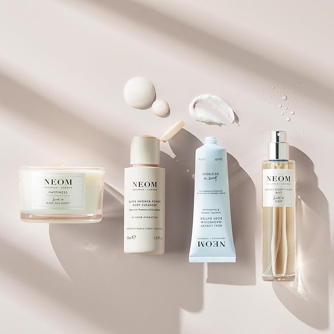 NEOM- Wellbeing Discovery Collection | Perfect Night's Sleep Pillow Mist, Happiness Travel Candle, Real Luxury Magnesium Body Butter & Super Shower Power Cleanser | Gift Set