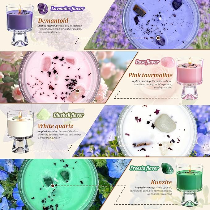 Lavender Scented Candle – Natural Soy Wax with Healing Crystals and Dried Lavender, 48-Hour Burn Time, Aromatherapy Candle for Stress Relief and Sleep, Reusable Glass Jar, Gift for Women