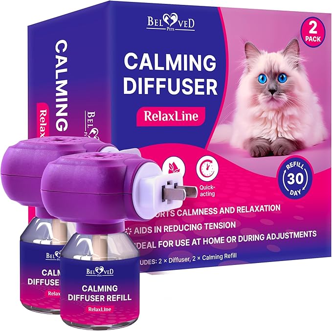 Beloved Pets Cat Calming Diffuser & Pet Anti Anxiety Products - Feline Calm Pheromones Plug in & Cats Stress Relief Comfort Helps with Pee, New Zone, Aggression (2 Pack (2 Diffusers + 2 Refills))