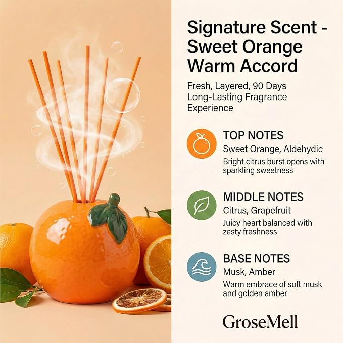 Sweet Natural Orange Scented Reed Diffuser Set – 6.76 fl oz (200ml) with Sticks, Creative Orange-Shaped Ceramic Design for Home, Bedroom & Bathroom Decor, Long Lasting Aromatherapy Gift