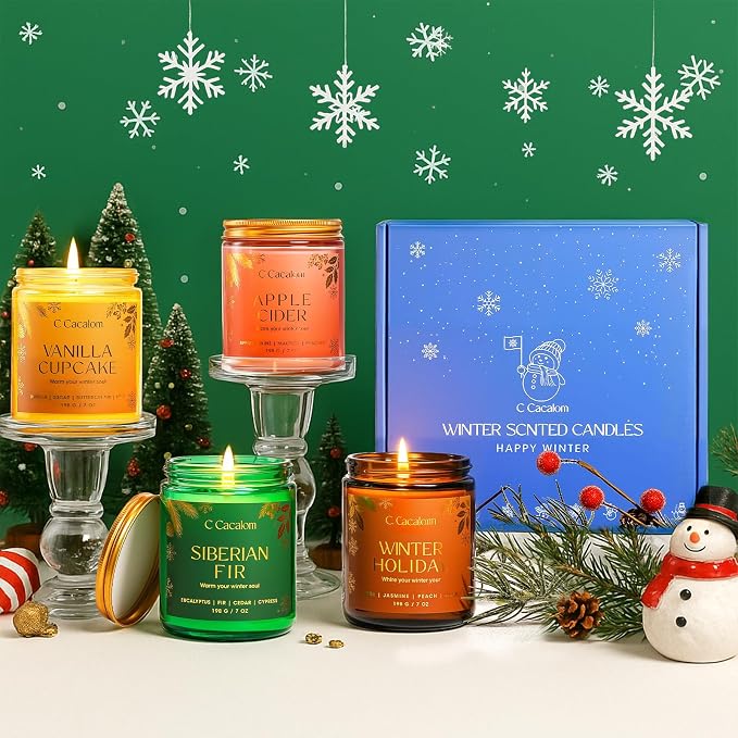 Winter Scented Candles, Holiday Candles for Home, Aromatherapy Soy Candles Gifts Set for Women Men, Vanilla/Fir/Apple Cider/Winter Holiday