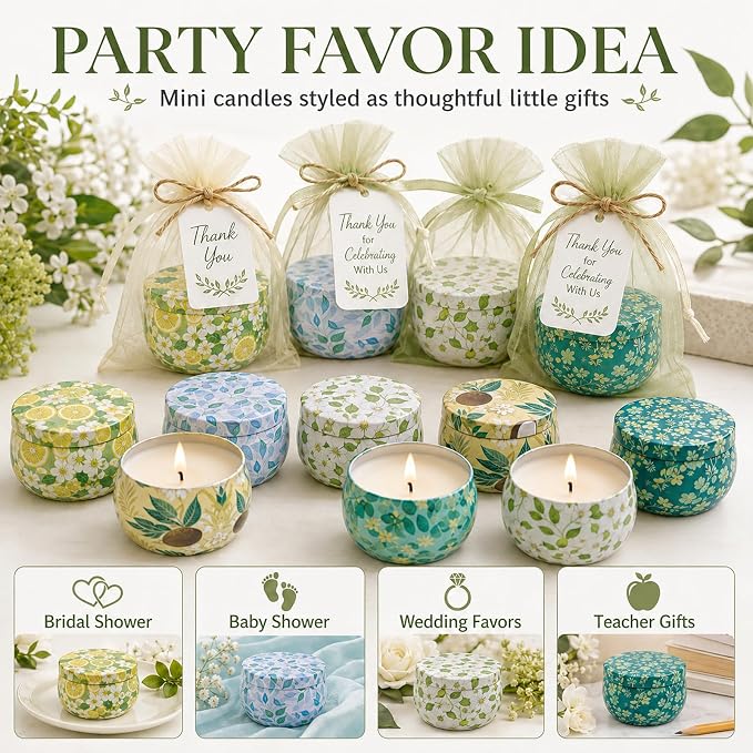 24 Pack Mini Scented Candles for Party Favors, 2.5 oz Soy Wax Tin Candle Gift Set, 6 Fresh Botanical Scents x 4 Each, Small Gifts for Bridal Shower, Baby Shower, Wedding Favors, Teachers