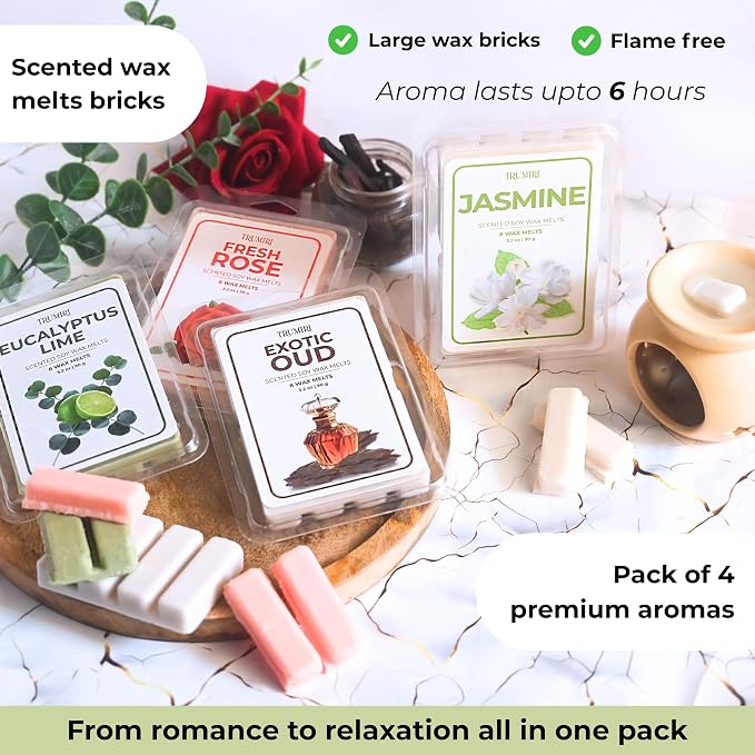 TRUMIRI Scented Wax Melts Variety Pack Exotic Oud|Fresh Rose|Eucalyptus Lime|Jasmine - Made with Non Toxic Soy Wax and Essential Oils - Long Lasting Strong Scent Pet Safe Candle Wax Cubes for Warmers
