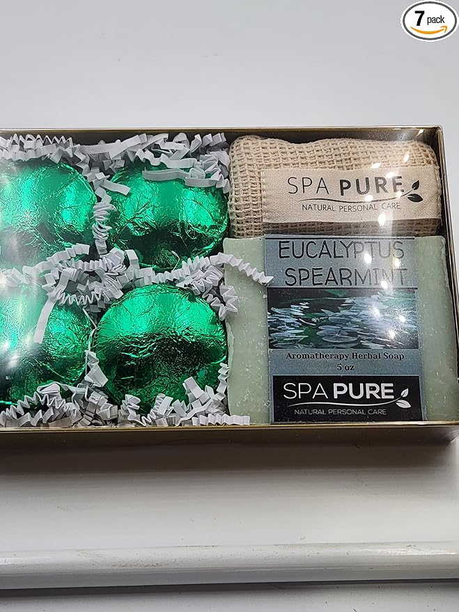 Spa Pure Aromatherapy Gift Set: Eucalyptus Spearmint Artisan soap, 4 Shower Steamers, made with plant based ingredients, steamer bag & soap bag