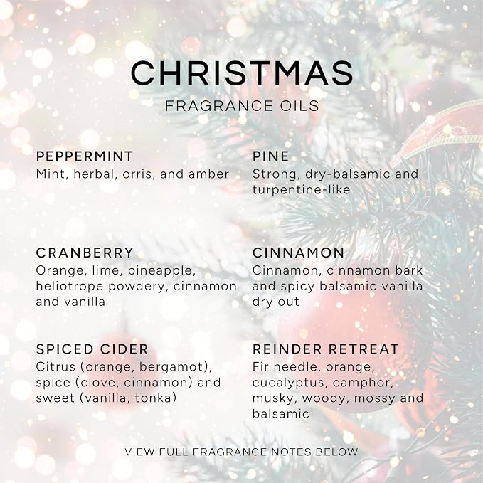 Eternal Essence Oils Christmas Set of 6 Premium Fragrance Oils - Peppermint, Cranberry, Spiced Cider, Pine, Cinnamon and Reindeer Retreat - for Diffusers, Candle & Soap Making, & Aromatherapy - 10ML