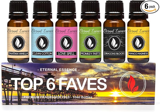 Top 6 Faves - Set of 6 Premium Fragrance Oils - Love Spell, Tahitian Vanilla, Clean Cotton, Mango, Dragon's Blood and Monkey Farts - 10ML